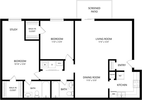 Floor plan for 2 beds, 2 baths, 1048 sqft